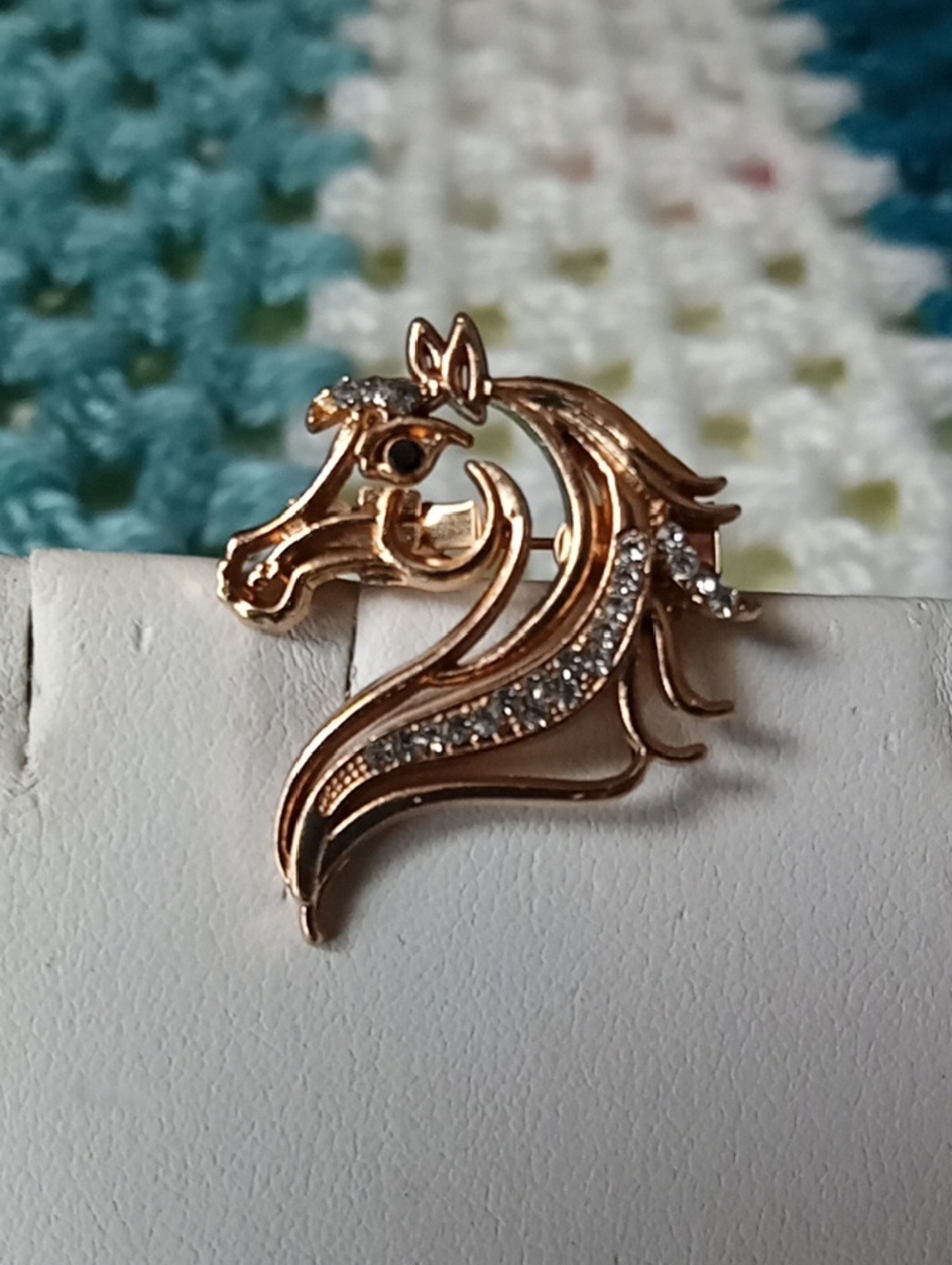 Gold Rhinestone Horse Brooch
